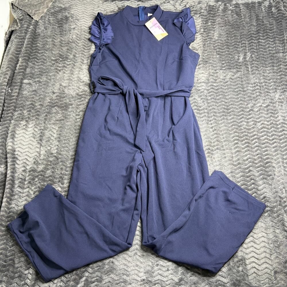 WDIRARA Ruched Mock Neck Sleeveless Ruffle Trim Belted Wide Leg Jumpsuit size L